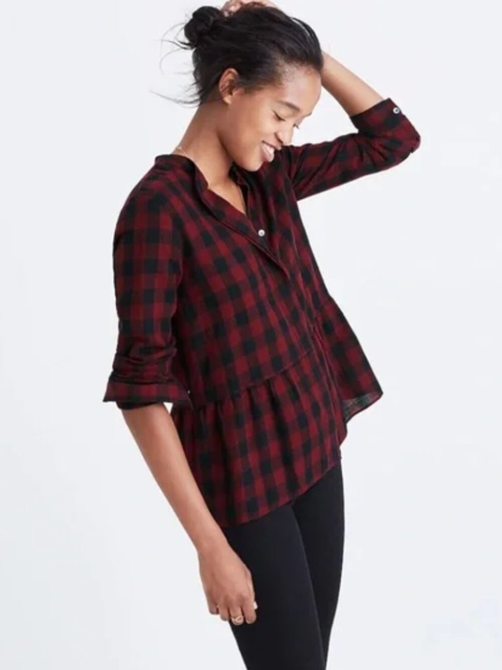 Madewell Lakeside Peplum Shirt Buffalo Check Cabernet Red Size L